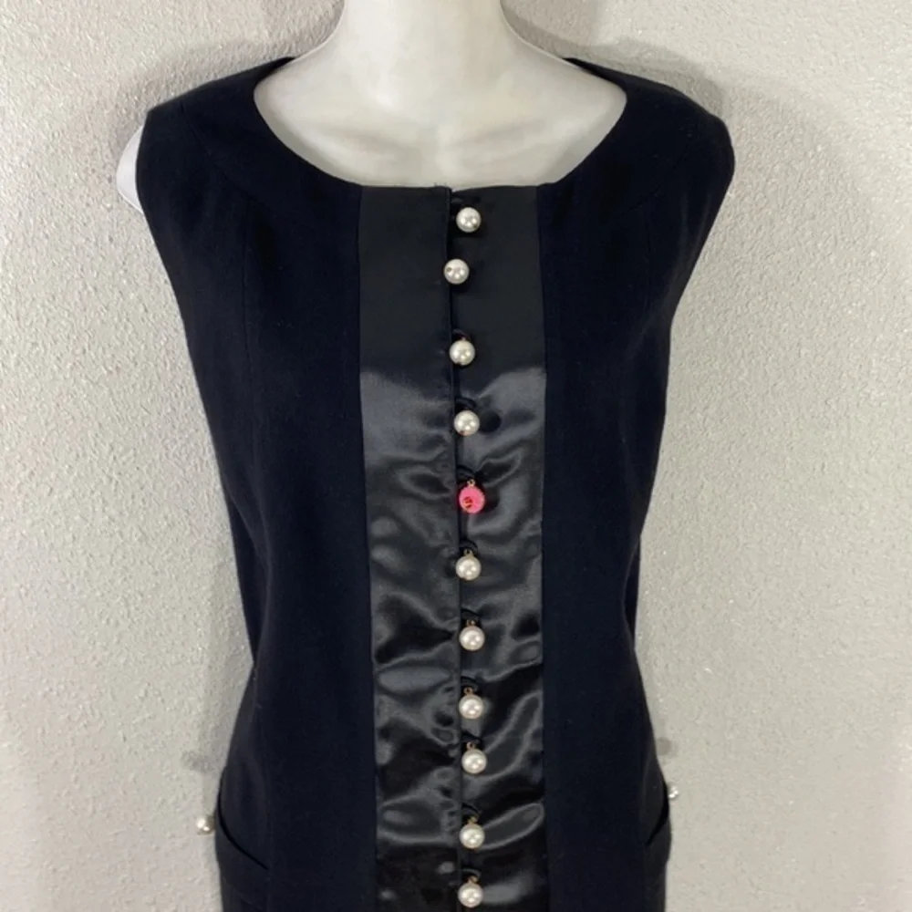 Edward Achour Paris Black Wool Silk Faux Pearl Button Shift Dress 14 W8
